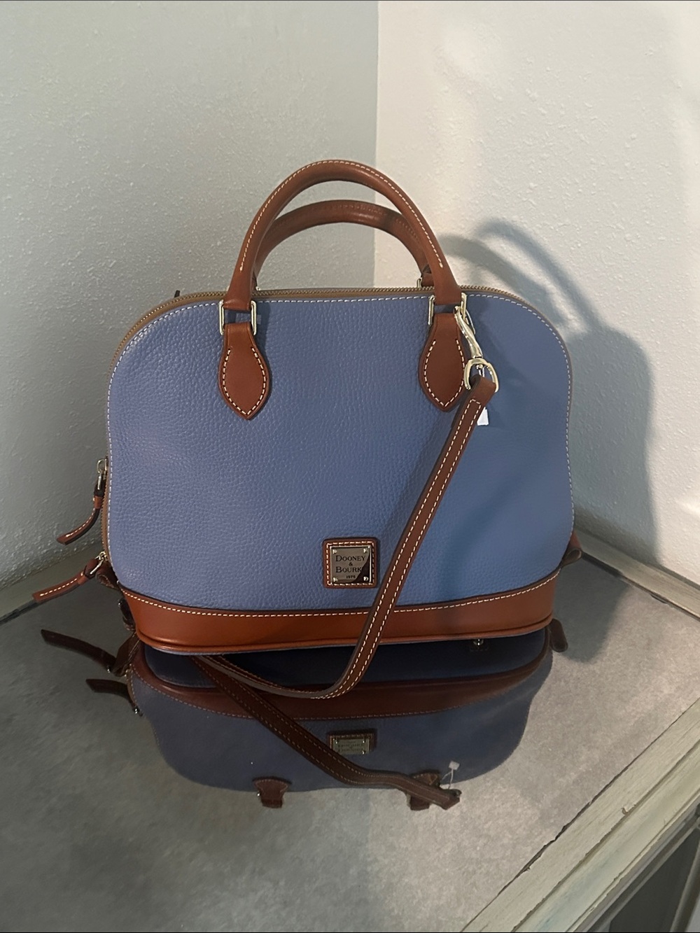 Dooney & Bourke Lavender Blue Leather Satchel with Brown Trim